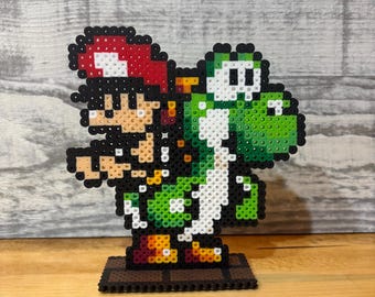 Handmade Perler Bead Yoshi and Baby Mario, Retro Standing Display Piece.