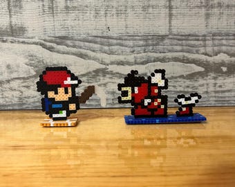Handmade Ash Fishing and Red Gyarados Perler Bead Figurines/ Display. Pokémon and Pixel Art Inspired.