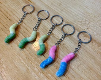 Handmade Polymer Clay Sour Gummy Worm Keychain.