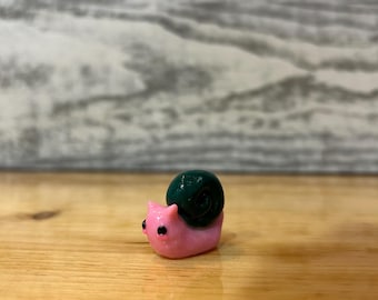 Handmade Polymer Clay Miniature Snail. Light Pink and Forest Green Variant.