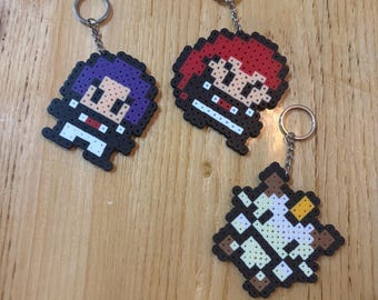 Handmade Perler Bead Team Rocket (Jessie, James, Meowth) Keychains. Pokémon and Pixel Art Inspired.