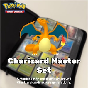 May include: A black trading card binder with the Pokémon Trading Card Game logo. The image features a 3D rendering of Charizard, an orange dragon with blue wings, above the text "Charizard Master Set."