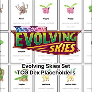 May include: A collage of Pokemon trading cards from the Evolving Skies set. The cards feature various Pokemon, including Pinsir, Hoppip, Jumpluff, Troplus, Leafeon V, and Leafeon VMAX. The cards are arranged in a grid pattern and have a white background.
