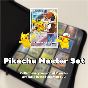 May include: A black binder with a Pikachu Master Set title. The image features a Pikachu trading card, two Pikachu figurines, and the text "Collect every version of Pikachu available in the Pokemon TCG."