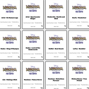 May include: Twelve Disney Lorcana trading cards featuring characters like Ariel, Cinderella, and Mickey Mouse. Each card has the game's logo and character name. The cards are from the First Chapter set.