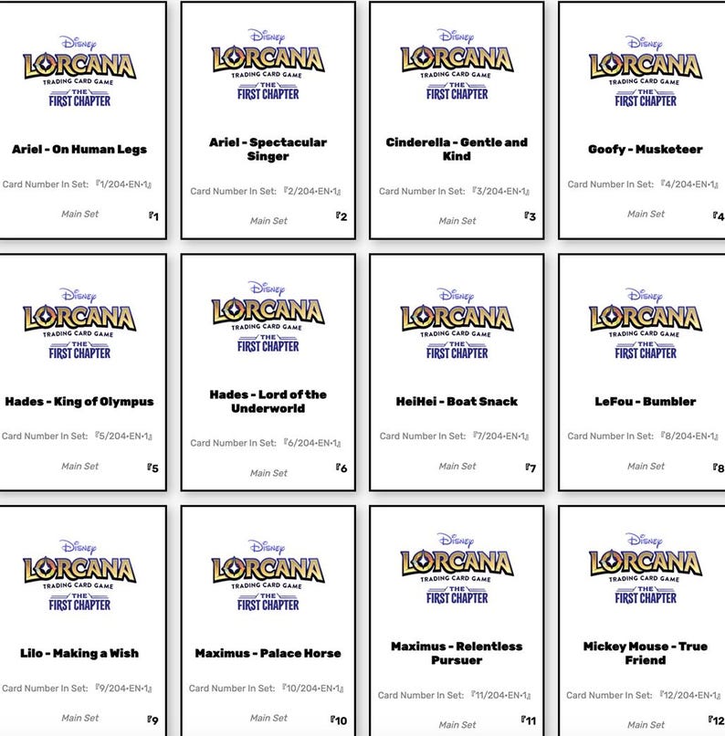 May include: Twelve Disney Lorcana trading cards featuring characters like Ariel, Cinderella, and Mickey Mouse. Each card has the game's logo and character name. The cards are from the First Chapter set.