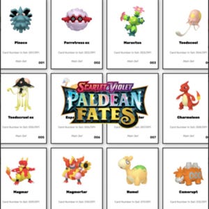 Pode incluir: Uma coleção de cartas de troca de Pokémon com vários personagens de Pokémon, incluindo Pineco, Forretress ex, Haractus, Toedscool, Toedscruel ex, Charmeleon, Magmar, Magmortar, Numel e Camerupt. As cartas são da expansão Scarlet & Violet Paldean Fates.