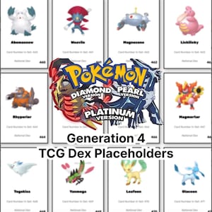 以下が含まれることがあります： ダイヤモンド、パール、プラチナのビデオゲームからのポケモンカードのコラージュ。カードには、アブマスノー、ウェーブイル、マグネゾーン、リキリッキー、ライパーイアー、マグマートン、トゲキッス、ヤンメガ、リーフィア、グレイシアなど、さまざまなポケモンが描かれています。カードは、ポケモンのロゴと「ジェネレーション4 TCG デックスプレースホルダー」という文字が上部に書かれたグリッドパターンで配置されています。