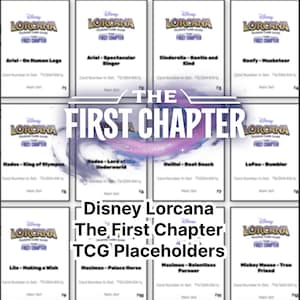 May include: A collection of Disney Lorcana trading card game placeholders. Each card displays the Lorcana logo and character names such as Ariel, Cinderella, and Goofy. The text "The First Chapter" is visible.