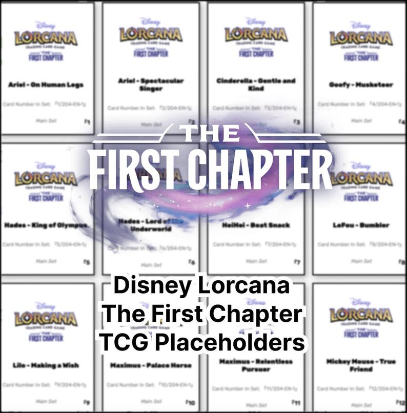 May include: A grid of Disney Lorcana trading card game placeholders. Each card features the Lorcana logo and character names like Ariel, Cinderella, and Goofy. The text "The First Chapter" is prominently displayed.