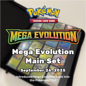Puede incluir: Un archivador negro de cartas coleccionables con el logotipo de Pokémon y el texto "MEGA EVOLUTION". El archivador está abierto, mostrando varias cartas coleccionables. También se ve el texto "Mega Evolution Main Set" y "September 26, 2025".