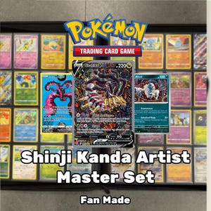 May include: A set of three Pokemon trading cards featuring the characters Giratina V,  Maltres, and Absol. The cards are part of a fan-made set called "Shinji Kanda Artist Master Set".
