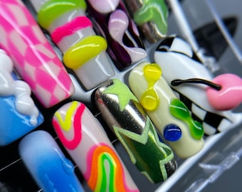 3D Glow in the Dark Press On Nails, Beautiful Bright Nails for Party / Events or every day wear/ HB cute nails with star, cherry and bubble