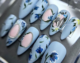 Blue matte almond nails with flowers and cute rabbit ears, perfect for party or Easter | Party nails | Easter Nails | Holiday nails