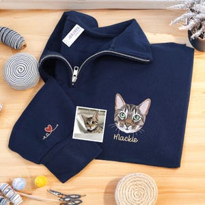 Personalized Cat Lover Quarter Zip Sweatshirt, Custom Cat Face Embroidery Pullover with Pet Photo and Name, Gift for Cat Dads and Cat Moms