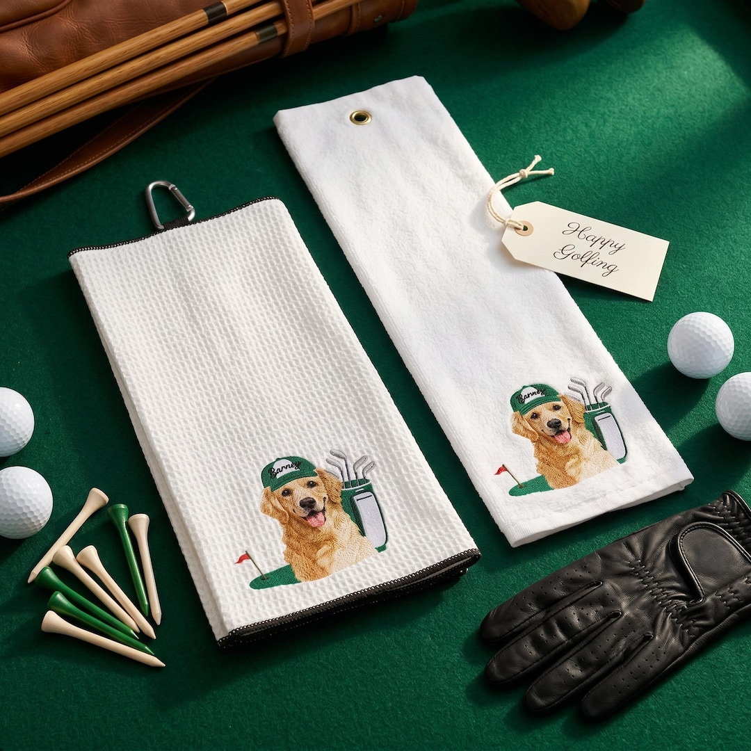 Custom Embroidered Pet Portrait Golf Towel, Personalized Dog Dad Gift, Boyfriend Gift, Bir