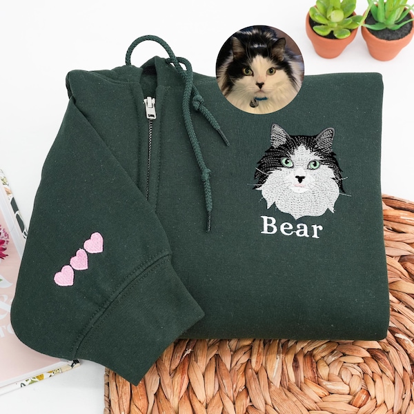 Sudadera con capucha y cremallera personalizada para mascotas, retrato de gato personalizado, sudadera con capucha y cremallera, regalo para mamá gata, bordado de gato, regalo para amantes de los gatos