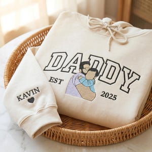 Embroidered Dad Hoodie with Personalized Photo, Personalized Gift, Custom Dad EST Birthday Party Hoodie, Father's Day Gift