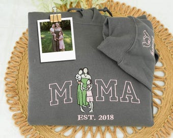 Mama Hoodie with Photo, Custom Embroidered Sweatshirt Mama and Kids Portrait, Varsity Shirt, Custom Embroidery Shirt For Mom Mama Mommy