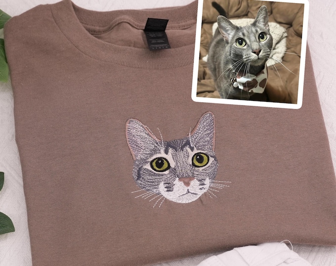 Custom Embroidered Pet Portrait T-Shirt, Personalized Dog Cat Crewneck, Custom Dog Portrait Shirt, Dog Mom Gift, Christmas Pet Gifts