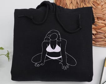 Embroidered Spicy Portrait Hoodie: Custom Photo Line Art Gift
