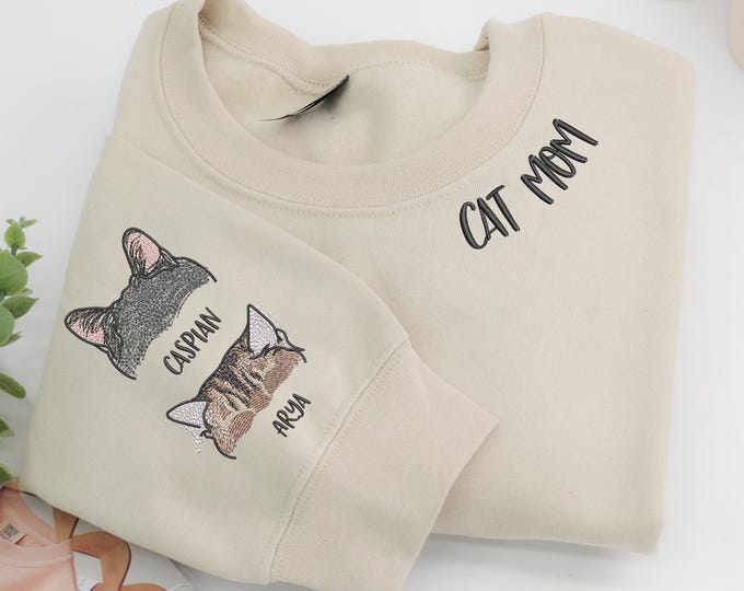 Custom Cat Mom Sweatshirt With Cat Ear, Embroidered Pet Lover Crewneck, Personalized Cat Mom Sweater, Cat Lover Gift, Pet Portrait Shirt