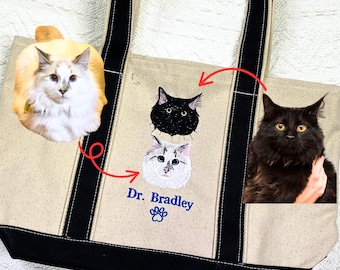 Custom Pet Embroidered Tote Bag, Personalized Dog Cat Canvas Gift for Pet Moms, Tote with Pet Face and Name