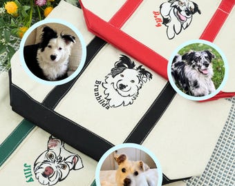 Custom Pet Face Embroidery Canvas Tote Bag, Personalized Boat Tote, Custom embroidered Pet Bag, Cat Mom Gift, Dog Lover Gifts