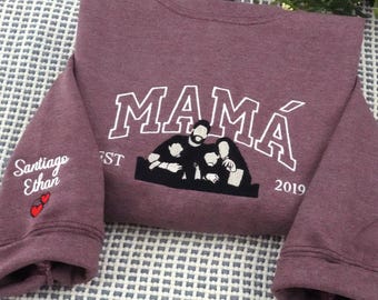 Mama Sweatshirt with Photo, Custom Embroidered Hoodie Mama and Kids Portrait, Varsity Shirt, Custom Embroidery Shirt For Mom Mama Mommy
