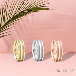 6mm Dual Matte Stripe Wedding Band with Polished Edges | Solid 10K / 14K / 18K Gold | Modern Minimalist Ring for Men and Women