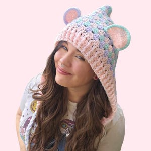 Pastel Fairy Crochet Bear Hood – Handmade Festival Hood with Ears, Kawaii Rave Hat