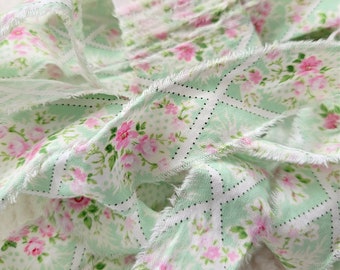Hand Frayed Fabric, Shabby Torn Ribbon - Mint Green and Pink Floral, Spring Summer Inspiration, tattered aesthetic, 50 inches long