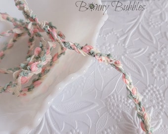 Pink and Green, Ribbon Trim - by the yard - for crafting, sewing, costumes, journal making, doll crafts