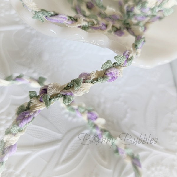 Purple and Green, Cotton Ribbon Trim - by the yard - for crafting, sewing, costumes, journal making, doll trim, shabby crafts - RTS