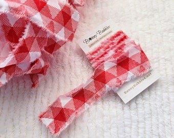 Hand Torn Fabric, Shabby Frayed Ribbon - Red and White Gingham, Country Kitchen Aesthetic - RTS, 45 inches long