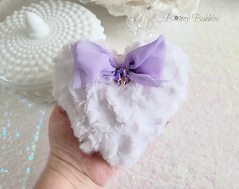 Shabby Fluffy Heart, 5.5 inch - basket, tray, or bowl filler - Shelf Tuck, Victorian Romance - Frayed Purple Bow, February Birthstone, Gift