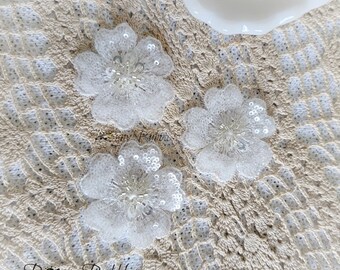 3 Flower Appliques, set of three - beaded, sequin appliqué - for crafts, sewing, journal making, wedding accents - RTS