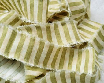 Hand Torn Fabric, Shabby Frayed Ribbon - Olive Green and Cream Stripes - RTS, 44 inches long