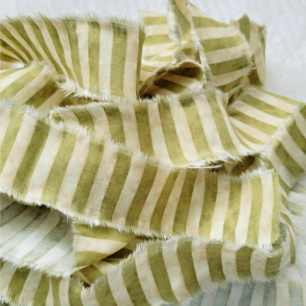 Hand Torn Fabric, Shabby Frayed Ribbon - Olive Green and Cream Stripes - RTS, 44 inches long