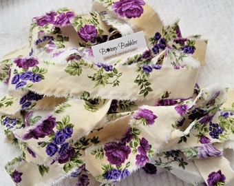 Shabby Torn Fabric, Shabby Hand Frayed Ribbon - Purple Rose Flowers, 44 inches long