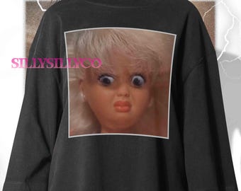 Funny Doll Face T-Shirt with Judging Expression, Meme Aesthetic Tee, WTF Look Shirt, Sarcastic Doll Humor Graphic, Unisex Gift Idea Sweater