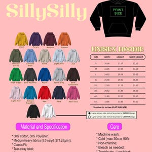 May include: Unisex hoodie with a print size area, colour chart, and size chart with width, length, and sleeve length measurements in inches. The hoodie is made of 50% cotton and 50% polyester. The material is medium-heavy and weighs 8.0 ounces per yard. The hoodie has a classic fit and a tear-away label. The drawcord and hood are double-lined. The fabric blends are Heather Sport colour, 60% polyester, and 40% cotton.