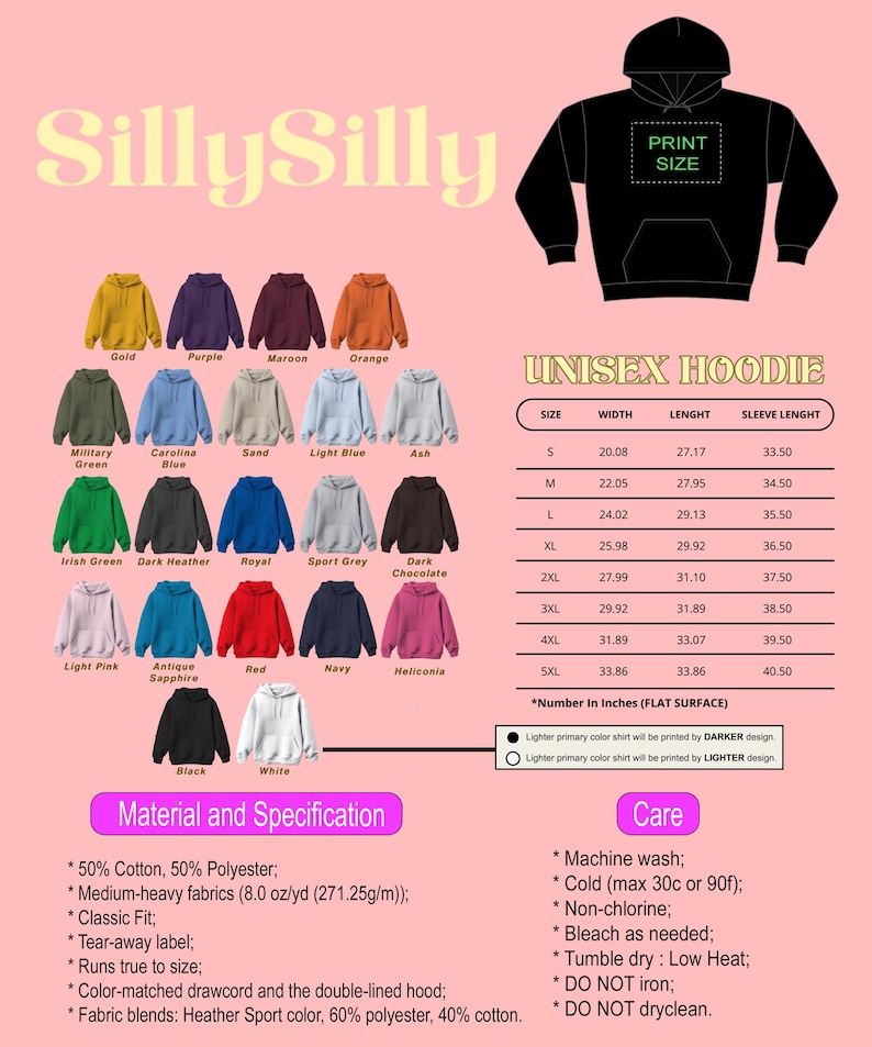 May include: Unisex hoodie with a print size area, colour chart, and size chart with width, length, and sleeve length measurements in inches. The hoodie is made of 50% cotton and 50% polyester. The material is medium-heavy and weighs 8.0 ounces per yard. The hoodie has a classic fit and a tear-away label. The drawcord and hood are double-lined. The fabric blends are Heather Sport colour, 60% polyester, and 40% cotton.