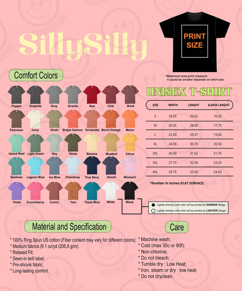 Pu&ograve; includere: Immagine di prodotto che mostra una variet&agrave; di t-shirt unisex in vari colori, tra cui nero, bianco e blu. L'immagine include una tabella delle taglie con misure in pollici, specifiche del tessuto e istruzioni per la cura. Il testo "Print Size" &egrave; visibile.