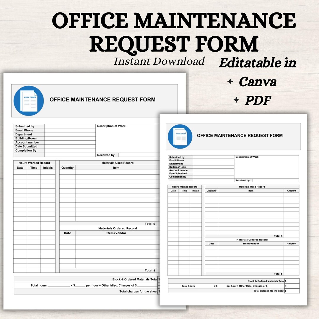 Editable Office Maintenance Request Form | Workplace Repair Log ...