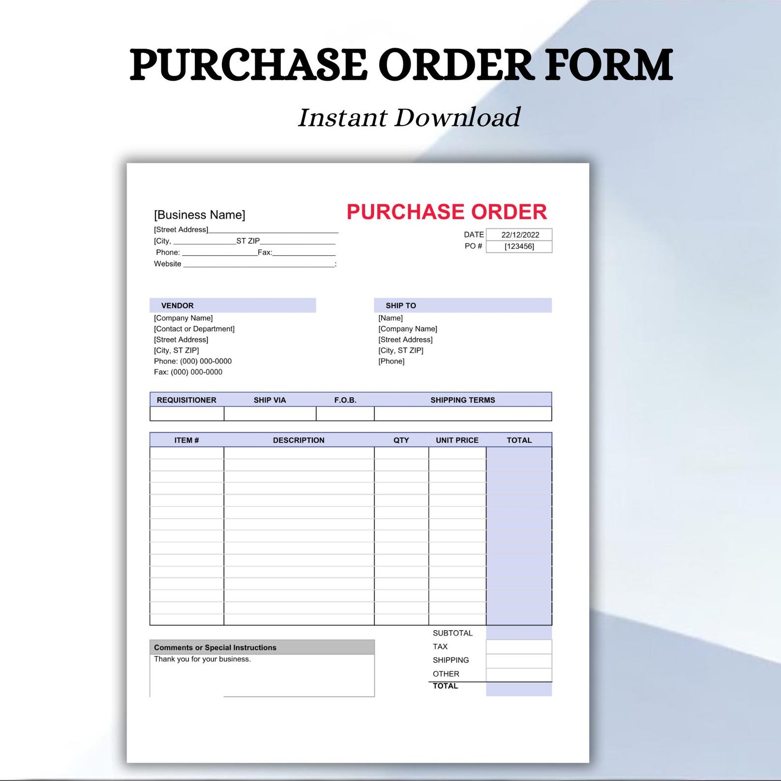 Editable Purchase Order Form Template: Customizable Business Tool (a4 ...