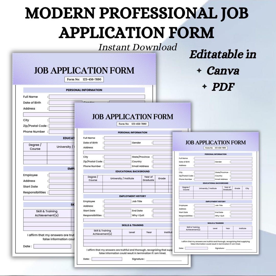 Modern Professional Job Application Form | Printable & Editable ...
