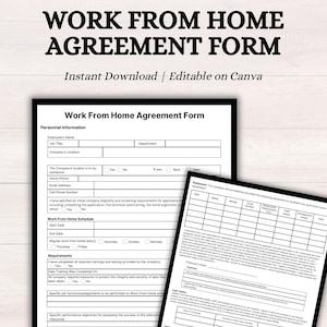 Könnte beinhalten: Ein schwarz-weißes, druckbares Arbeitsvertrag für das Arbeiten von zu Hause mit dem Titel "Work From Home Agreement Form". Das Formular enthält Abschnitte für Personalinformationen, den Arbeitszeitplan für das Arbeiten von zu Hause und Anforderungen.