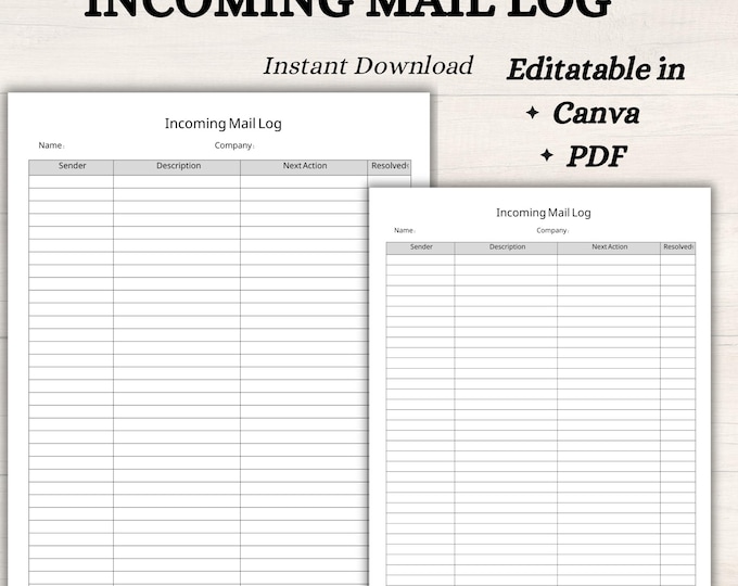 Incoming Mail Log Sheet: Printable Office Mail Tracker (PDF Instant ...
