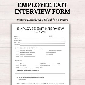 Puede incluir: Un formulario de entrevista de salida de empleados imprimible en blanco y negro con secciones para la información del empleado, las restricciones, la devolución de la propiedad de la empresa y las razones para la salida. El formulario incluye preguntas sobre la capacitación, la orientación y el trato por parte de los compañeros de trabajo y la gerencia.